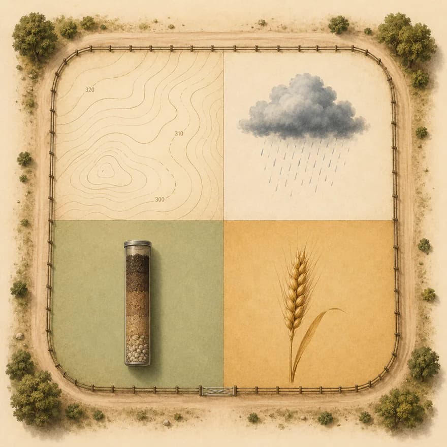 Terrain, climate, soil and crop for a single paddock